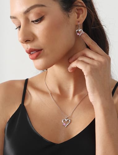 YL Heart Necklace 925 Sterling Silver Love Heart Pendant Birthstone Jewelry for Women - color: 10-pink tourmaline-Oct