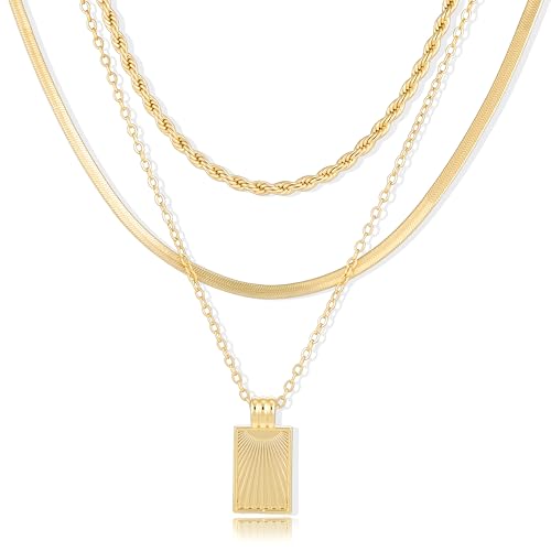 YEEZII Layered Gold Necklaces for Women Trendy, 3 Pcs 14K Gold Plated Choker Paperclip Box Chain Necklace, Stackable Women's Gold Pendant Necklaces Jewelry Set - color: Gold-3 pcs-Geometric Pendant