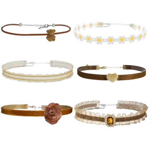 Nova&Aria Chokers Set For Women Heart Choker Necklaces Flower Pendant Velvet Cute Pink Turquoise Blue White Black Choker Necklace Christmas Colorful Lace Chokers - color: Brown-A
