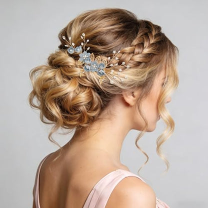6 Pcs Bridal Hair Accessories French Hair Side Combs and Hair Pins,Gold Wedding Jewelry Headpiece with Rhinestone for Brides Bridesmaids Women Girls(Blue Flower） - color: Blue
