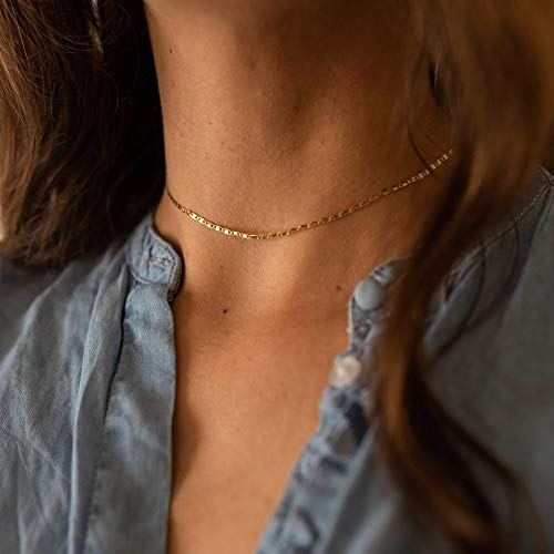 MEVECCO Dainty Choker Necklaces for Women, Beaded and Multi-Row Chains | 14K Gold Plated Brass, Select Silver Plated Brass Options, Polished And Textured Profiles For Everyday Styling - style: Plain Mariner Chain