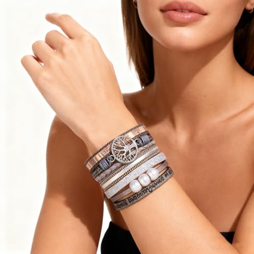 Leather Wrap Bracelets for Women, Boho Leopard Multi-Layer Crystal Beads Cuff Jewelry - color: J-Warp-005