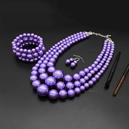 Big Chunky Pearl Necklace and Earrings Set Large Costume 1920s Faux Pearls Gatsby Accessories - color: Purple Pearl Necklace set