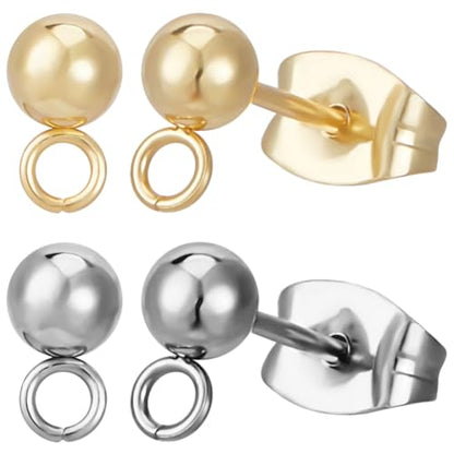 Beebeecraft 100Pcs 2 Colors Ball Post Earring Findings 24K Gold Plated Stainless Steel Globosity Round Stud Earrings with Loop Ear Nuts for Jewelry Earrings Making, 4mm Ball - color: Gold & Stainless Steel Color