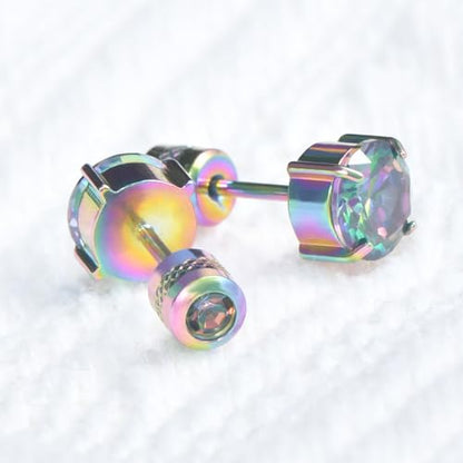 Titanium Flat Back Surgical Stainless Steel Stud Earrings for Women Men,Birthstone Stud Earrings Hypoallergenic Double Side 5A Cubic Zirconia Studs Jewelry 6mm - color: Colorful-Rainbow CZ