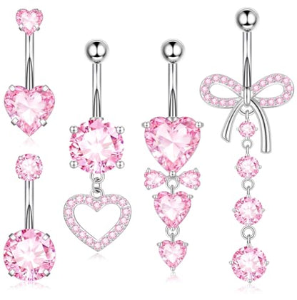 Zankulas Dangle Belly Button Rings Piercing Jewelry for Women Surgical Stainless Steel Dangling Belly Ring Pack with Heart Bow Elements 14g