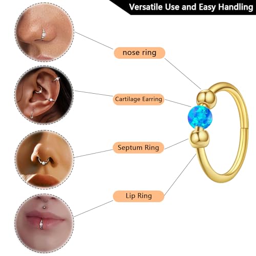 Thiswhyimbeauty 2PCS 18g Opal Nose Rings for Women Nose Hoops 8mm/10mm Hypoallergenic 316L Surgical Steel Nose Rings Piercing Jewelry Can Be Used as a Nose Ring, Septum Ring, and Cartilage Earring - color: A-Gold Blue opal
