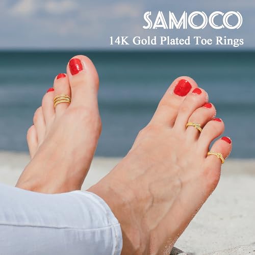 SAMOCO 8 Pcs Toe Rings for Women | Golden Silver Toe Ring Non Tarnish,Simple Open Adjustable Band Toe Rings Set,Beach Foot Toe Ring for Summer - color: Gold
