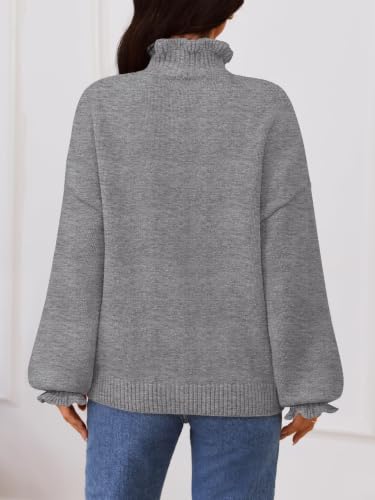 MEROKEETY Women's Fall Trendy Chunky Knit Cardigan Casual Ruffle Sweaters | Button Down, Long Sleeve, Cute Ruffle Collar, Mock Neck, Fashion Cozy Knit Sweater, Dressy Casual Winter Outerwear Clothes - color: Grey, size: Medium