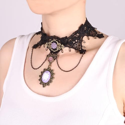 Gothic Lace Choker Necklace for Women, Pearl Sexy Tassel Adjustable Choker Necklace, Boho Halloween Jewelry for Festival Party Cosplay Costume Gifts - color: black purple Chain