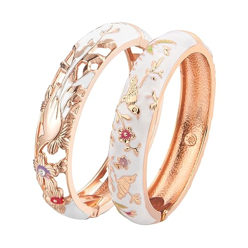 UJOY Cloisonne Indian Bangle Colored Crystal Plated Hinge Cuff Bracelet Hollowed Bird Enamel Jewelry Gift 55C49 - color: 2 Pcs/set-Bird-White