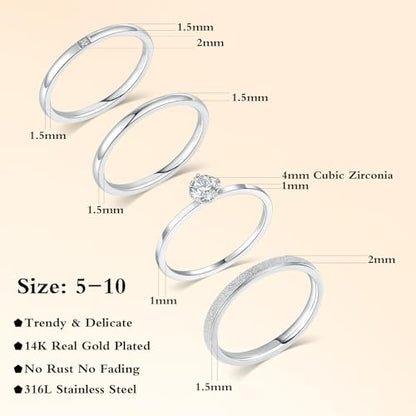 VOLUKA 4 Pcs Stainless Steel Rings for Women Set Knuckle Rings Simple Smooth Finger Stackable Rings Set Plain Band Rings for Women Men - color: White