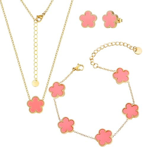 Clover Neckalce Earring Set for Women 14K Gold Plated Stainless Steel Four Leaf Clover Jewelry Set - color: Pink
