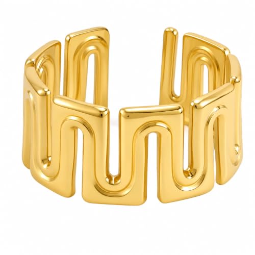 Gold Open Ring Stainless Steel Geometric Wide Band Adjustable Statement Ring for Women Daily Party Jewelry - color: B0104-Golden