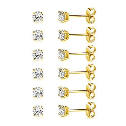 MDFUN Hypoallergenic CZ Stud Earrings Set for Women/Men,6 Pairs 18K Gold Plated Round 3-8mm Clear Cubic Zirconia Earring Pack Jewelry Gift - color: Yellow gold-3mm-6 pairs