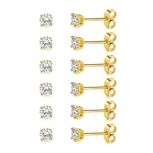 MDFUN Hypoallergenic CZ Stud Earrings Set for Women/Men,6 Pairs 18K Gold Plated Round 3-8mm Clear Cubic Zirconia Earring Pack Jewelry Gift - color: Yellow gold-3mm-6 pairs
