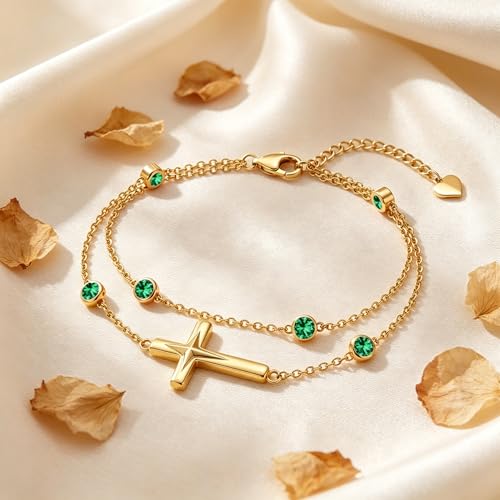 Midari 18K Yellow Gold Gemstone Birthstone Anklet Bracelet Cross Jewelry with 12 Months Birthstone Birthday Gifts for Women Wife Her Daughter Mom - color: 05-May-Emerald, size: Anklet 9"-11"