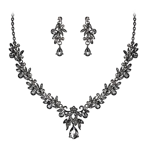 Women's Wedding Jewelry Set Leaf Flower for Bridal Prom Party | Stunning Crystal Teardrop Marquise Cluster Pendant Necklace Dangle Earrings Set for Bride Bridesmaid - color: 05-Grey Black-Tone