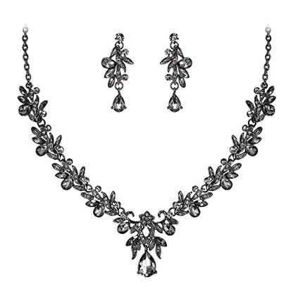 Women's Wedding Jewelry Set Leaf Flower for Bridal Prom Party | Stunning Crystal Teardrop Marquise Cluster Pendant Necklace Dangle Earrings Set for Bride Bridesmaid - color: 05-Grey Black-Tone