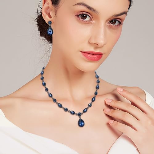 EleQueen Women's Teardrop Necklace Earrings Jewellery Set for Party Prom | Wedding Bridal Costume Jewelry Set for Brides Bridesmaids, Crystal Teardrop Necklace Dangle Earrings - color: Sapphire Color Black-Tone