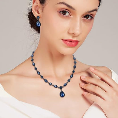 EleQueen Women's Teardrop Necklace Earrings Jewellery Set for Party Prom | Wedding Bridal Costume Jewelry Set for Brides Bridesmaids, Crystal Teardrop Necklace Dangle Earrings - color: Sapphire Color Black-Tone