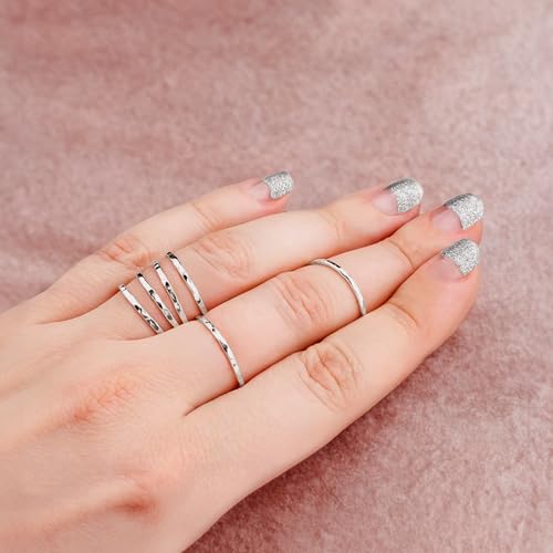 Melanie Golden Jewelry Thin Hammered Texture Stacking 1mm Skinny Ring in Silver, Gold, or Rose Gold | Comfort Fit | USA Sizes 2-12