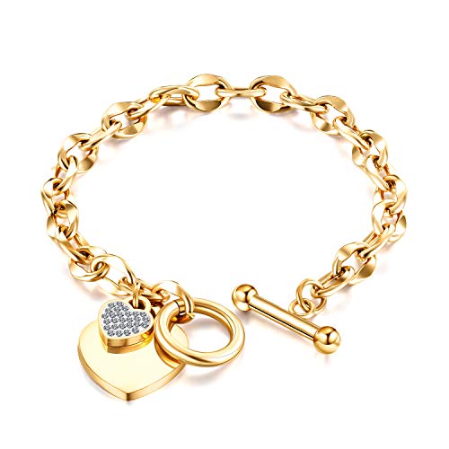 kelistom 316L Stainless Steel Love Heart Charm Bracelet for Women Romantic Gift Silver/Rose/18k Gold Plated OT Clasp Bracelets - color: 18k gold-1