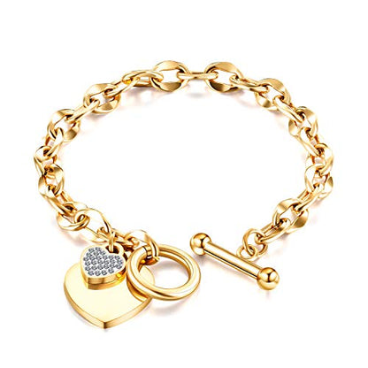 kelistom 316L Stainless Steel Love Heart Charm Bracelet for Women Romantic Gift Silver/Rose/18k Gold Plated OT Clasp Bracelets - color: 18k gold-1