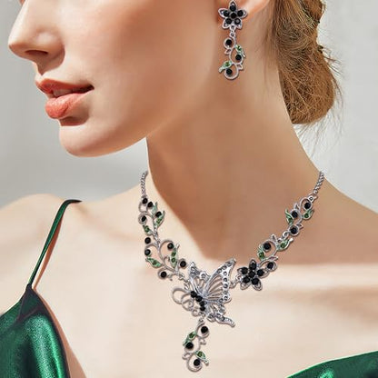 EleQueen Women's Crystal Butterfly Flower Leaf Necklace Earrings Set | Crystal Jewelry Set for Brides Bridesmaids, Necklace Set for Party - color: Black