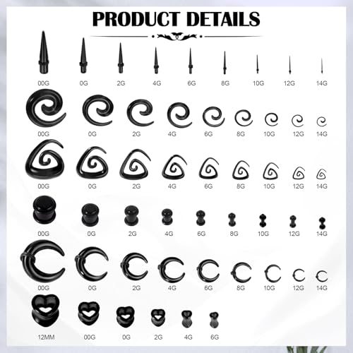 54/102Pcs Ear Stretching Kit 14G-00G Acrylic Ear Gauge Stretching Kit with Heart Plugs Gauge Tapers Ear Tunnels Horseshoes Taper Spiral Tapers Gauges Ear Expanders for Men Women - color: Black