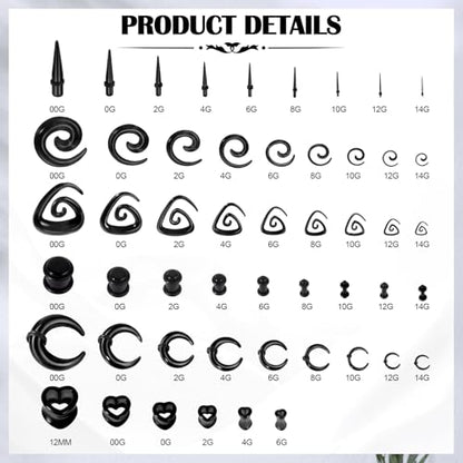 54/102Pcs Ear Stretching Kit 14G-00G Acrylic Ear Gauge Stretching Kit with Heart Plugs Gauge Tapers Ear Tunnels Horseshoes Taper Spiral Tapers Gauges Ear Expanders for Men Women - color: Black