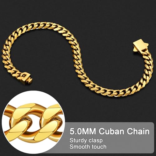Fiusem Cuban link Mens Bracelet | 5mm/7mm/8mm Width, 7.1"/7.5"/7.9" Length Stainless Steel Bracelets for Men - color: 5mm width-gold, size: 7.1 inches