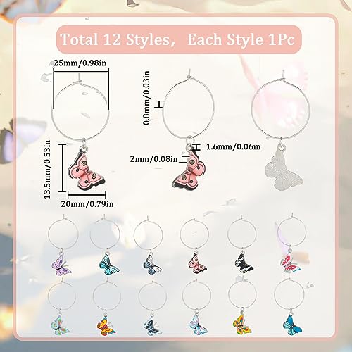 SUNNYCLUE 1 Box 12Pcs Wine Glass Charms Enamel Butterfly Wine Glass Markers Charms Drink Identifiers Silver Brass Beading Hoops Stemless Rings for for Stem Tasting Party Decor - style: 12 Sets Silver Tone Butterfly Drink Identifiers & Upgraded Gift Box