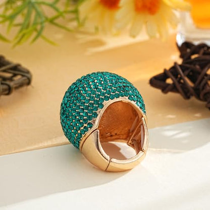 Gold Snowball Rhinestone Cocktail Ring – Adjustable Stretch Sparkling Party Jewelry for Women, Elegant Costume Ring for Evening Wear, Wedding, Prom - color: green