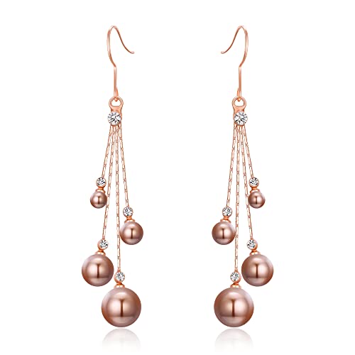 EleQueen Women's Silver-tone Crystal Simulated Pearl 4 Chain Bridal Long Dangle Hook Earrings Ivory Color - color: A-Brown Rose Gold-Tone