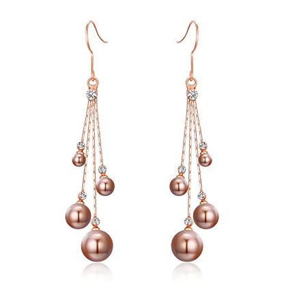 EleQueen Women's Silver-tone Crystal Simulated Pearl 4 Chain Bridal Long Dangle Hook Earrings Ivory Color - color: A-Brown Rose Gold-Tone