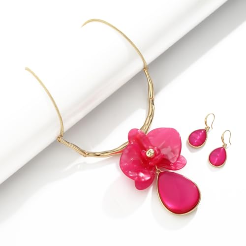 Vintage Statement Jewelry Set - Chunky Flower Floral Plant Geometric Resin Bib Necklace Earring Set Bohemian Boho Crystal Rhinestone Fashion Jewelry for Women Bridal Party Prom Unique Gift - style: MLJS2604-Pink