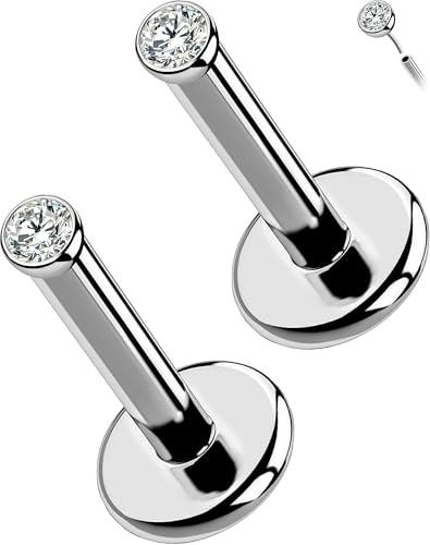 OUFER 2Pcs 20G/18G/16G G23 Titanium Threadless Nose Stud Earrings Flat Back Tiny CZ Small Nose Helix Cartilage Tragus Conch Labret Medusa Monroe Piercing Jewelry for Women Men - color: Silver, size: 2pcs, 16g 4.5mm, 2mm cz