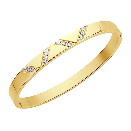 555Jewelry Womens Sparkling Cubic Zirconia Secure Hinge Lock Bangle Stainless Steel Bracelet - color: Yellow Gold Style 2