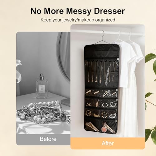 Hanging Jewelry Organizer Storage Roll 41 Pockets and 7 Necklace Hooks with Detachable Hanger Double-Sided Foldable, Travel Jewelry Holder for Earrings, Rings, Bracelets, Hanging on Closet, Wall, Door - size: 41 Dual Zippered Pockets