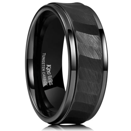 King Will Classic Tungsten Carbide Ring Brushed Two Grooved Center Hammered Design Mens Wedding Band for Men | Black/Silver/Gold, 8mm, Men's Wedding Band, Grooved, Comfort Fit, Everyday Wear - color: D-Black Hammerd Design