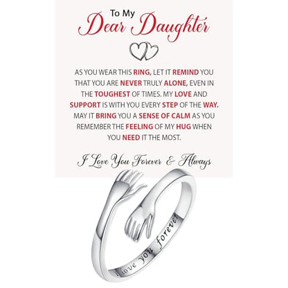 Granddaughter Daughter Hug Ring For Hope Rings, Stainless Steel Inspirational Jewelry Engraved Always With You Love You Forever Message Adjustable Non Tarnish Jewelry Birthday Gift Card - color: I love you forever(Daughter)