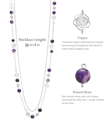 FULU AUTUMN Long Layered Silver Necklaces for Women - Natural Stone and Dainty Flower Beaded Sweater Chain Fashion Jewelry Gifts - color: Purple