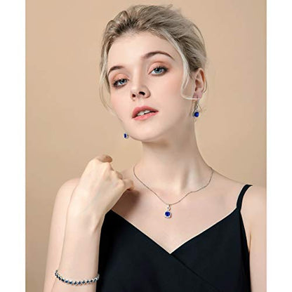 AMYJANE Crystal Jewelry Set for Women - Sterling Silver Square Cubic Zirconia CZ Bridal Pendant Necklace Earrings Set for Wedding Bride Bridesmaids Birthstone Fashion Jewelry Set - color: Sapphire