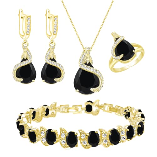 GZWHD Jewelry Set for Women Water Drop Cubic Zirconia Artificial Crystal Earrings Pendant Necklace Open Ring Tennis Bracelet Wedding Anniversary Birthday Engagement Gift for Bridesmaid Wife Girlfriend Friend - color: Gold-Black