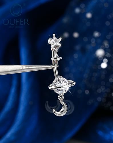 OUFER 14G Star Moon Planet Silver Gold Dangle Belly Button Rings 316L Surgical Stainless Steel CZ Belly Piercing Jewelry 10mm Navel Rings for Women - color: Gold