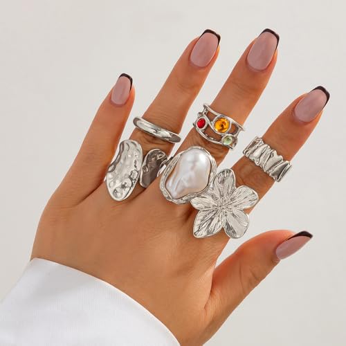 Chunky Gold Rings Set for Women Trendy Statement Flower Knuckle Ring Baroque Pearl Stack Ring Wrinkled Prom Outfits Accessories - color: Silver