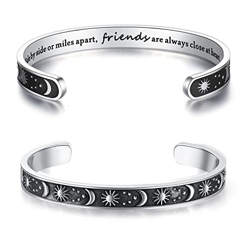 TONY & SANDY Inspirational Bracelets for Women Teen Girls Personalized Gifts for Daughter Granddaughter Mom Sister Friends Stainless Steel Engraved Cuff Birthday Easter Christmas - style: A - Friend Gifts - Sun & Moon - Side by side or miles apart, friend