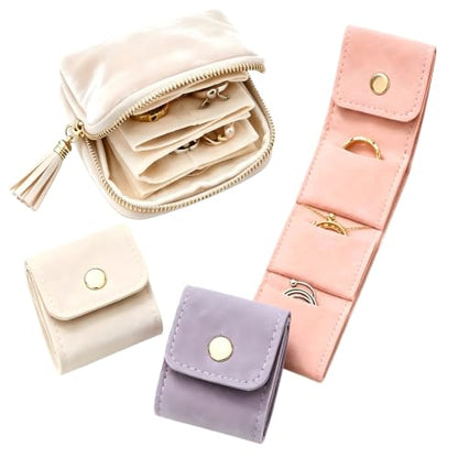 Jewelry Zippered Pocket Case Set with 3 Mini Foldable Jewelry Rolls (Off White) - color: Off White