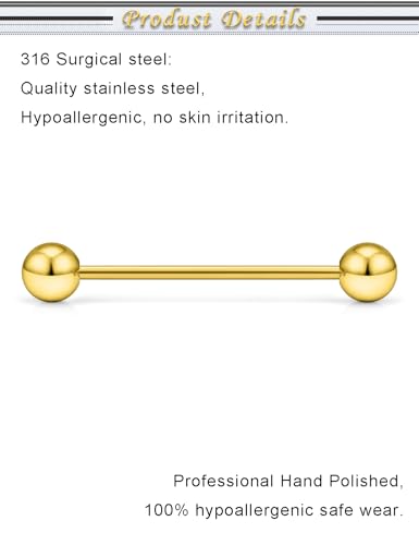 16G 14G Surgical Steel Tongue Rings Nipple Rings Industrial Piercing Jewelry Set Multi Size Straight Barbells 12mm 14mm 16mm 19mm 22mm 28mm 32mm 35mm 38mm 40mm 45mm for Women Men - color: goldtone, size: 16g,bar length 22mm